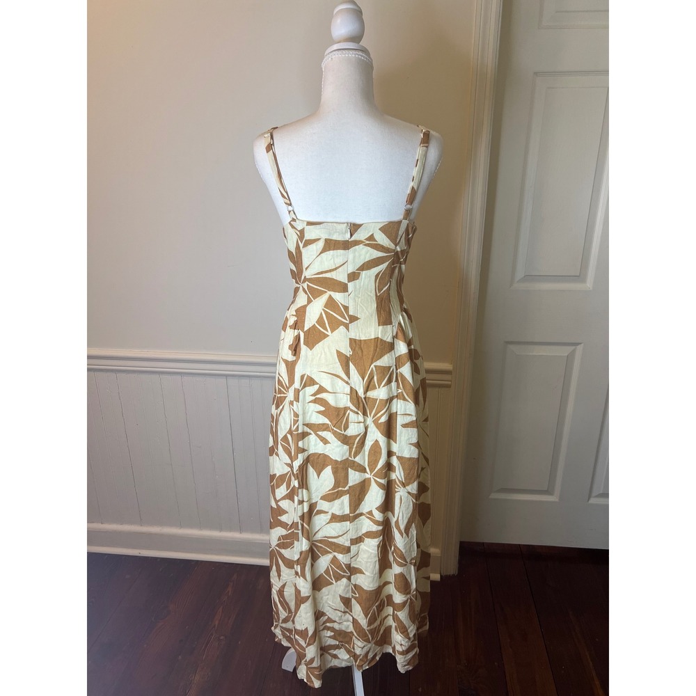 Lulus Tropical Leaf Print Bustier Midi Dress Tan‎ Cream Linen Blend Summer S - Picture 11 of 14